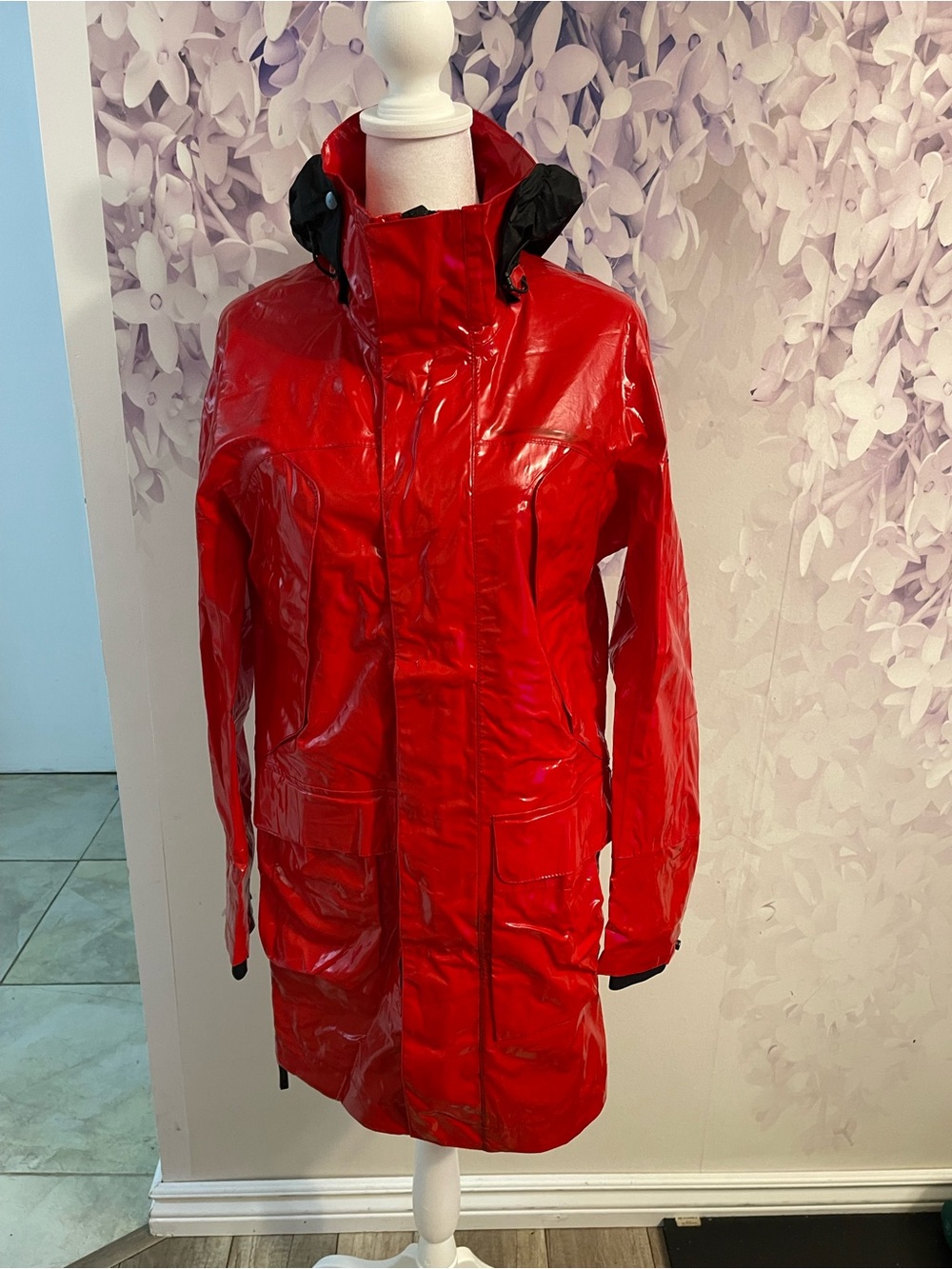 Women's Red Glossy Hooded Trench Coat size S
